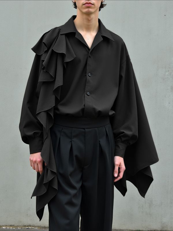 Men's Ruffle Patchwork Loose Long Sleeve Shirt SKUL35033