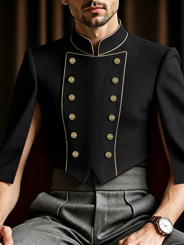Men's Royal Vintage Stage Performance Double-Breasted Gold Piping Slit Cape Jacket SKUL81173