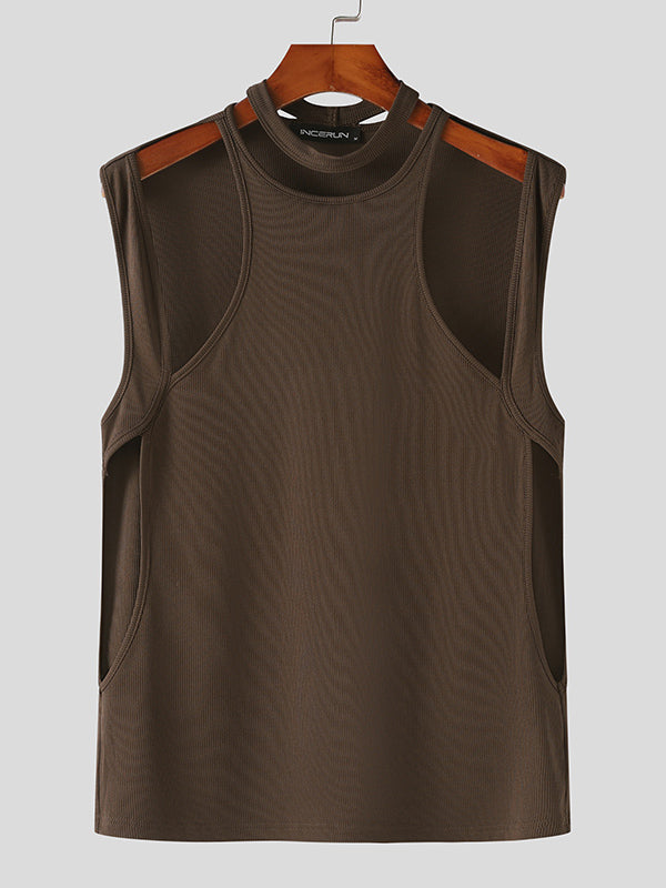 Mens Solid Cutout See Through Sleeveless Vest SKUK50837