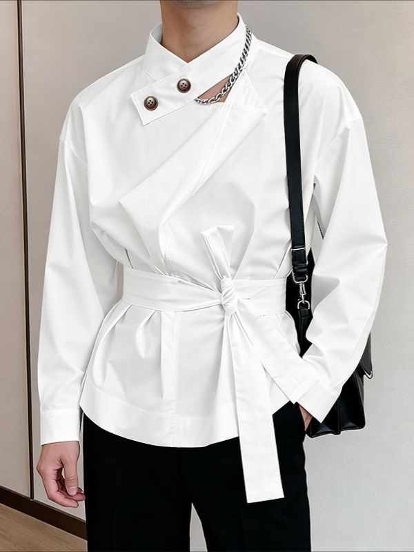 Men's Solid Color Lace Up Long Sleeve Shirt SKUL46165