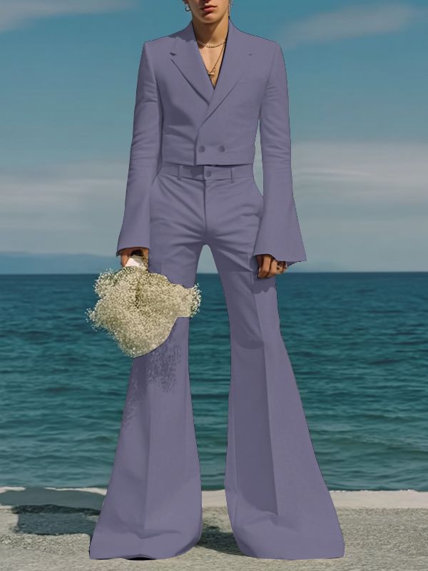 Men's Solid Color Flared Sleeve Casual Two Pieces Outfit SKUL36587