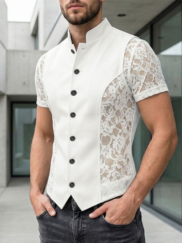 Men's Slim Fit Mandarin Collar Floral Lace Sleeves Shirt SKUL65339
