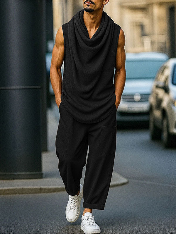 Mens Solid Color Knit Cowl Neck Two Pieces Outfit SKUL14201