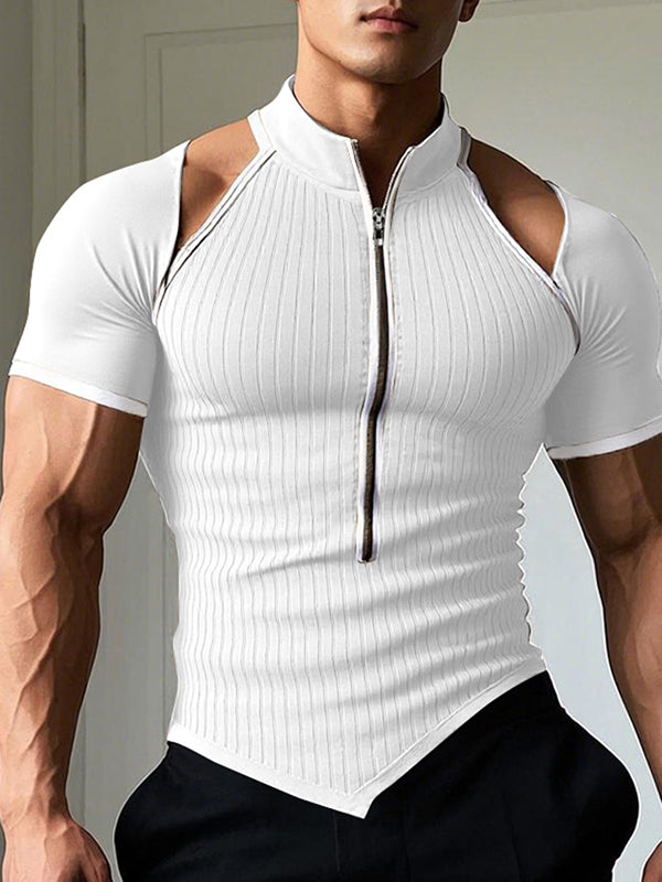 Mens Cut-Out Design Half-Zip Short Sleeve T-Shirt SKUK99805