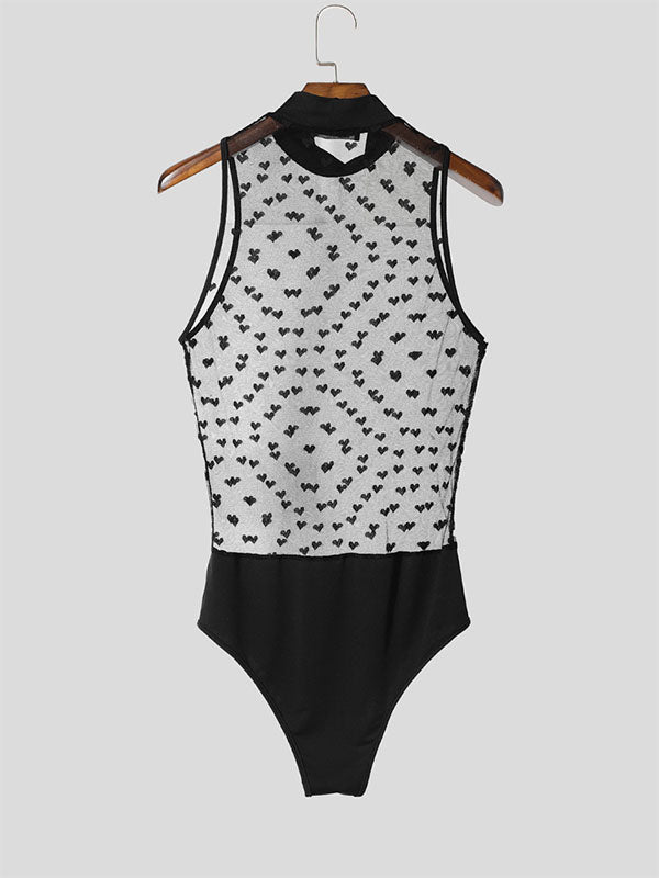 Mens Heart Print Sheer Mesh Bodysuit SKUL13903