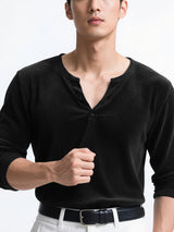 Men's Solid Textured V Neck Long Sleeve T-Shirt SKUL29585