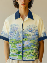 Mens Lotus Print Color Block Short Sleeve Shirt SKUL16585
