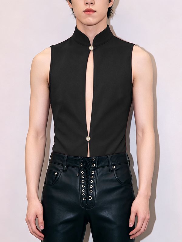 Men's Modern Chinese Rebel Aesthetic Mandarin Collar Slit Front Tank SKUL67101
