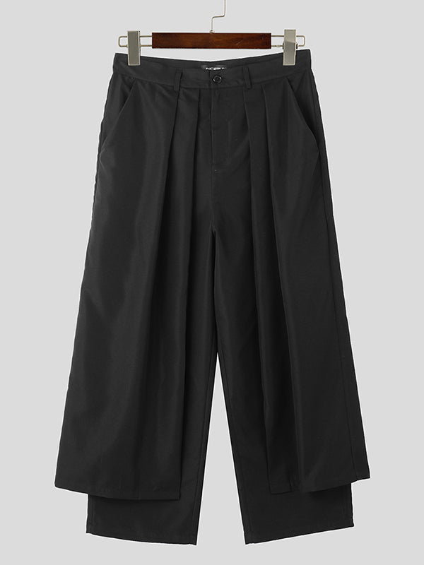 Mens Solid Pleated Layered Design Casual Pants SKUK38555