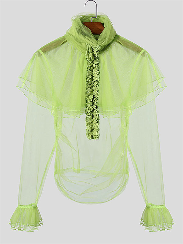 Mens Sheer Mesh Splicing Ruffled Long-Sleeve Shirt SKUK91833