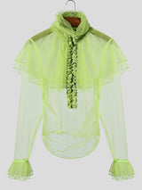 Mens Sheer Mesh Splicing Ruffled Long-Sleeve Shirt SKUK91833