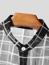 Men's Avant-Garde Sheer Organza Plaid Stand Collar Cropped 3/4 Sleeve Shirt SKUL63171