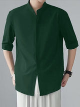 Men's Minimalist Clean-Fit Daily Commute Concealed Placket Mandarin Collar 3/4 Sleeve Shirt SKUL84679