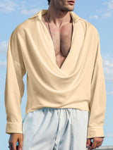 Mens Draped Neck Satin Long Sleeve Shirt SKUK78596