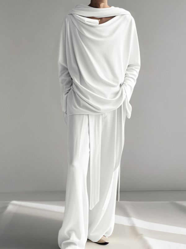 Men's Solid Color Ribbon Cowl Neck Two Pieces Outfit SKUL41313