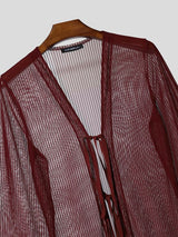 Men's Avant-Garde Longline Sheer Ribbed Tie-Front Flared Sleeve Cardigan SKUL57687