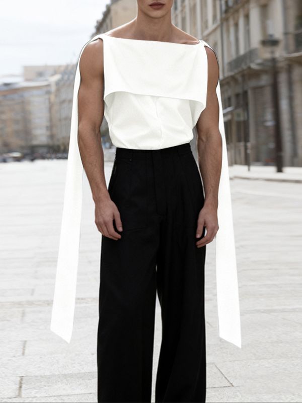 Men's Solid Color Ribbon Flap Off Shoulder Tank SKUL42647