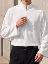 Men's Clean Fit Resort Wide Flared Sleeve Slit Henley Placket Long Sleeve Mandarin Collar T-shirt SKUL81833