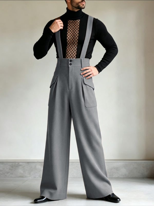Men's Avant-Garde Runway Adjustable Suspender Strap Cargo Flap Pocket High Waist Pant SKUL80468