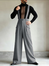 Men's Avant-Garde Runway Adjustable Suspender Strap Cargo Flap Pocket High Waist Pant SKUL80468