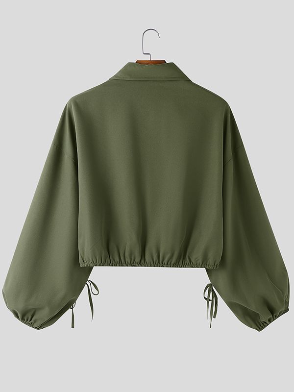 Men's Solid Color Loose Lapel Cropped Long Sleeve Shirt SKUL45225