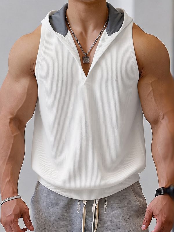 Men's Street Techwear wo-Tone Contrast Hooded Plunging V-Neck Ribbed Fitted Gym Tank SKUL73203