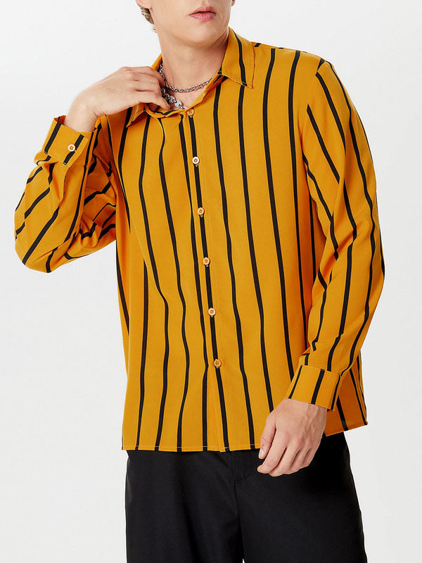 Mens Striped Lapel Collar Long Sleeve Shirt SKUK59935