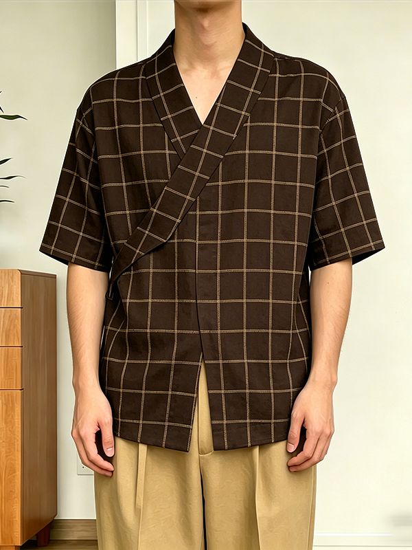 Men's Asymmetric Placket Plaid Frog Button Half Sleeve Shirt SKUL61924