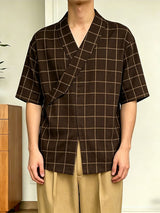 Men's Asymmetric Placket Plaid Frog Button Half Sleeve Shirt SKUL61924