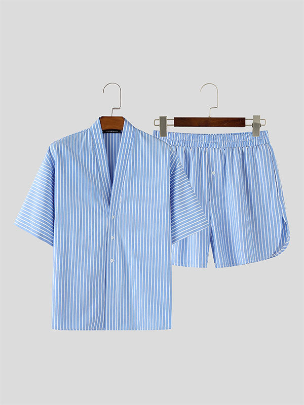 Mens Casual Striped Collarless Two Pieces Outfit SKUL08443