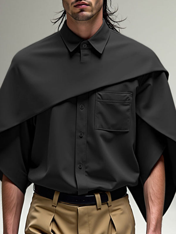 Men's Solid Color Shawl Patchwork Wide Sleeve Shirt SKUL28260