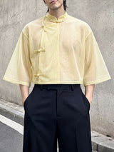 Men's Vintage Modern Chinese Mandarin Collar Sheer Mesh Cropped Frog Button Short Sleeve Shirt SKUL67081