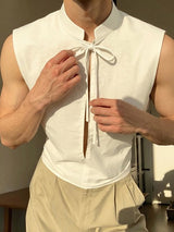 Men's Avant-Garde Neo-Chinese Open-Slit Tie-Front Mandarin Collar Tank SKUL75616