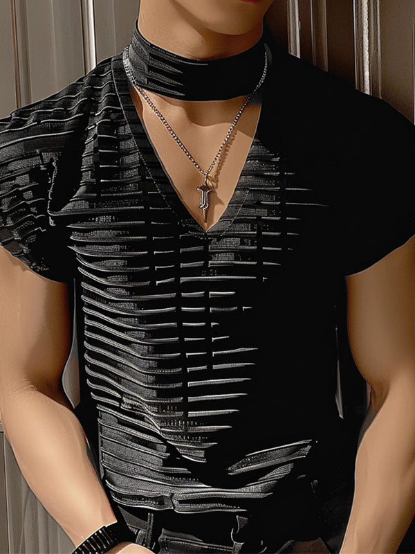 Mens Striped See Through Cap Sleeve T-Shirt SKUK64314