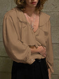 Mens Solid Ruffle Collar Long Sleeve Shirt  SKUK52876