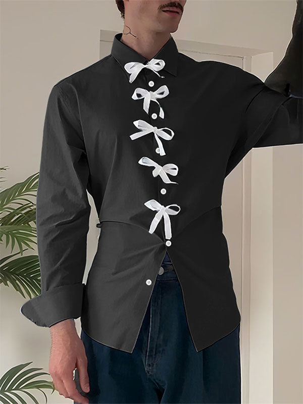 Men's Bow Patchwork Colorblock Long Sleeve Shirt SKUL24200