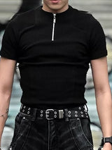 Mens Solid Color Half-Zip Short Sleeve T-Shirt SKUK98843