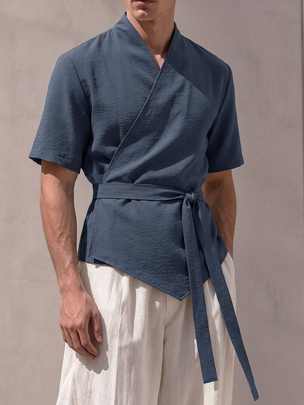 Men's Resort Wear Textured Kimono Wrap Short Sleeve Shirt SKUL78265
