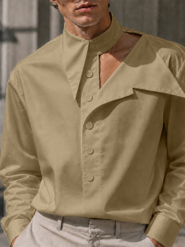 Men's Early Autumn Urban Casual Deconstructed Cutout Pullover Long Sleeve Cutout Collar Shirt SKUL80472