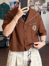 Men's Vintage Sailor Collar Daisy Print Piped Cropped Boxy Shirt SKUL57710