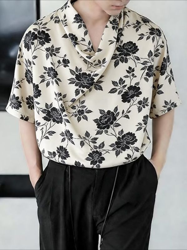Men's Floral Print Draped Cowl Neck Relaxed Fit Short Sleeve Shirt SKUL61180