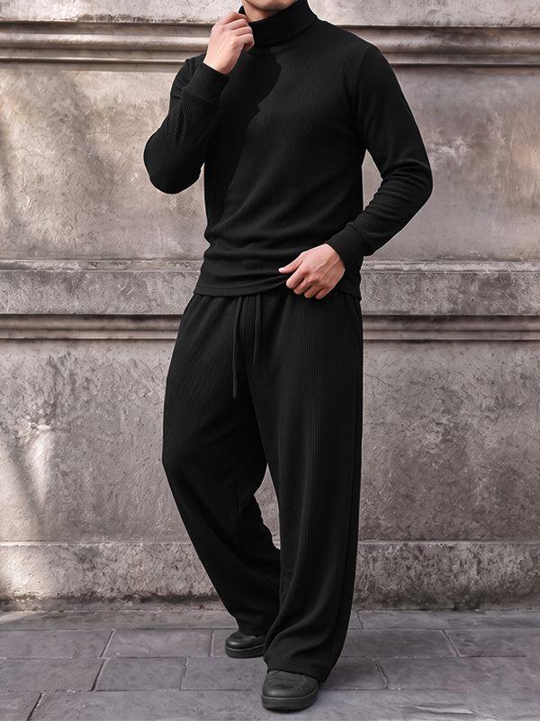 Men's Chill Minimalist City Walk Turtleneck Ribbed Knit Two Pieces Outfit SKUL85953