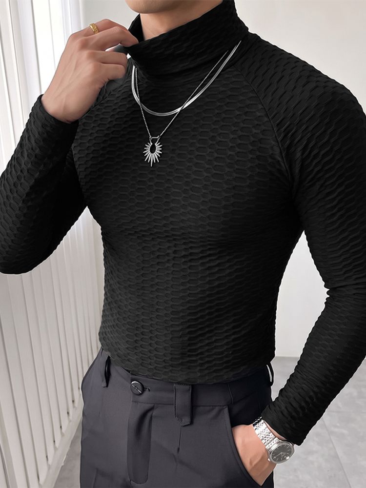 Men's Sexy Clubwear 3D Honeycomb Textured Muscle Fit Raglan Long Sleeve Turtleneck T-shirt SKUL83140