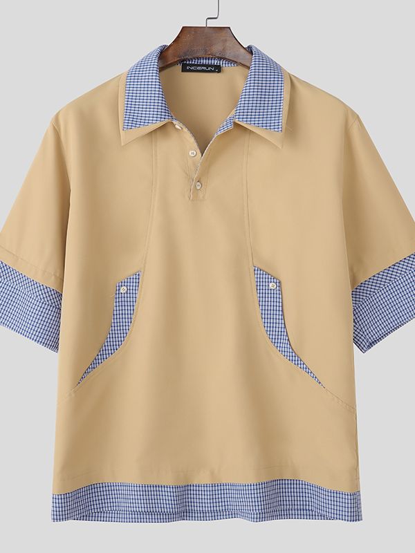 Men's Plaid Patchwork Collar Short Sleeve Shirt SKUL46212