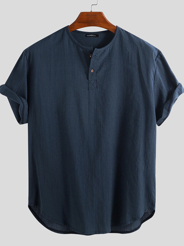 Men Linen Loose Casual Short Sleeve Solid T-Shirts SKUC21814