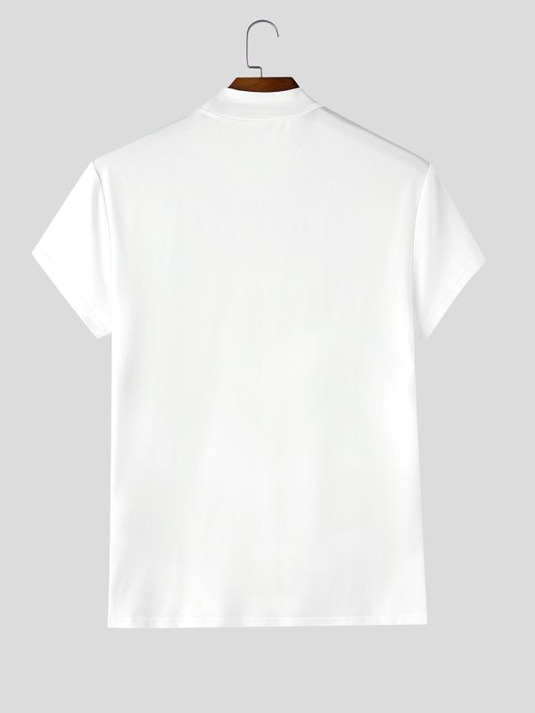 Men's Gothic Rock 3D Trompe L'oeil Chains and Cross Print Fitted Mock Neck T-shirt SKUL64277