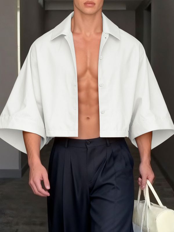 Men's Solid Color Cropped 3/4 Length Sleeve Shirt SKUL41332