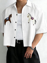 Men's Avant-Garde Horse Print Cropped Boxy Short Sleeve Shirt SKUL54391