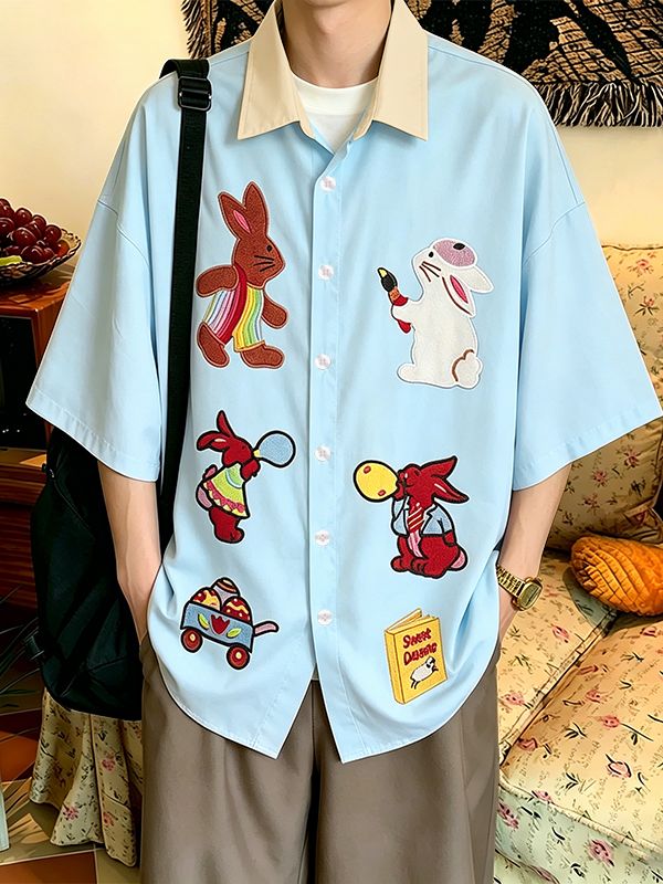 Men's Japanese Harajuku Cute Cartoon Rabbit Graphic Contrast Collar Short Sleeve Shirt SKUL59667