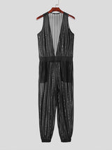 Mens Striped See Through V-Neck Jumpsuit SKUK51122